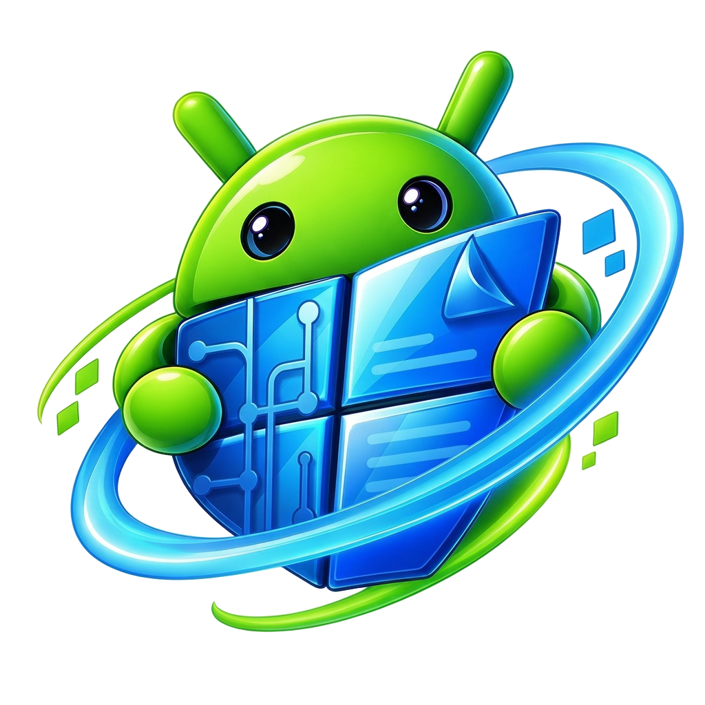 VirtuDroid mascot: an Android robot orbiting a Windows shield